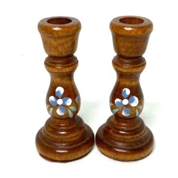 Vtg Wood Mini Candle Holders Set of 2 Hand Painted Blue Flower Folk Art - Picture 2 of 4